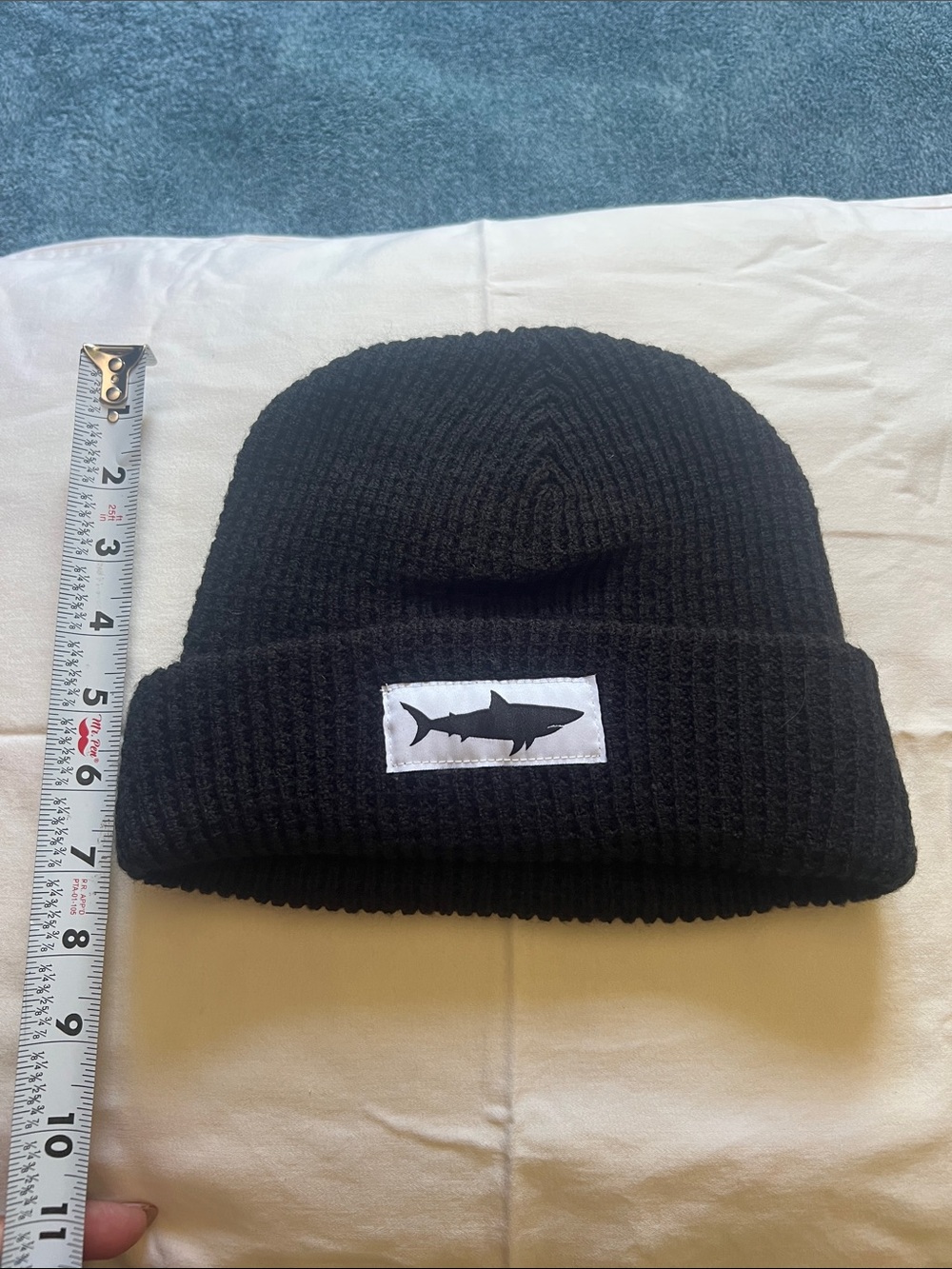 Black Waffle Knit Beanie with Shark Patch